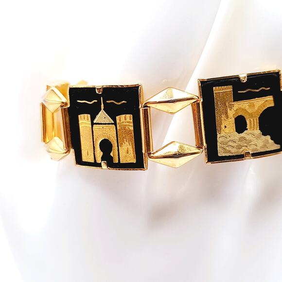 Vintage Damascene Castle Link Bracelet, Spanish Gold Black Jewelry, 7 Inch Chain - Picture 4 of 12